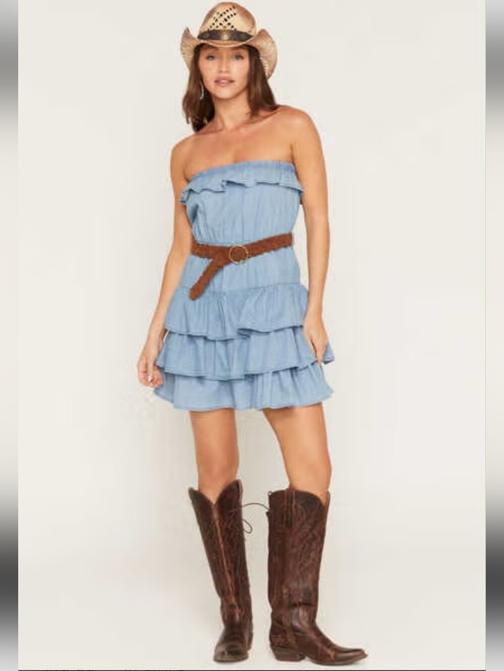 Boom Boom Jeans Ruffled Tiered Chambrey Strapless Dress Western Size Large